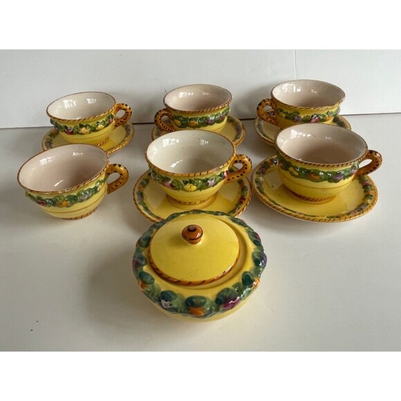Vtg BITOSSI Italy Della Robbia Coffee Set Cups Saucers Sugar Hand Painted Yellow - Picture 12 of 16